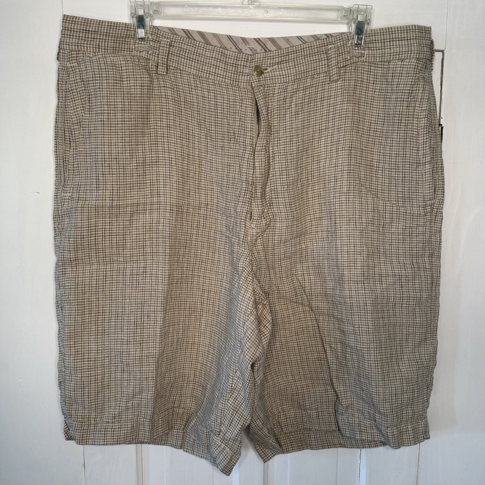Tommy Bahama 100% Linen Size 38 Men's Shorts Tan Plaid Striped Pockets Beach